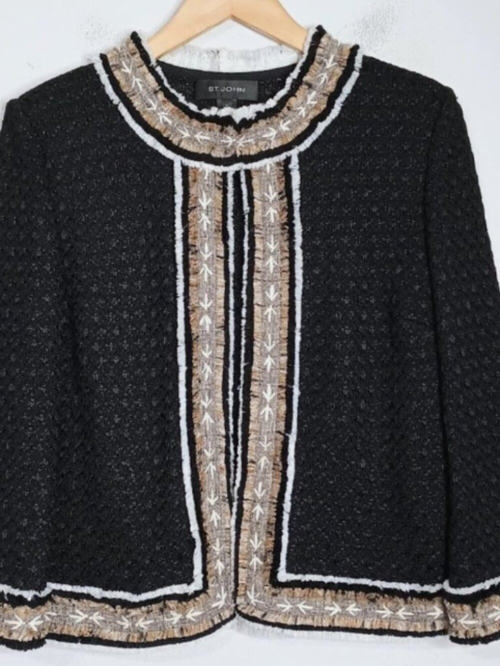St. John Tweed Fringe Knit 3/4 Sleeve Suit Jacket Black Tan White Size 6/8